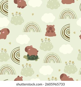 Cute rainbows , clouds, hearts, flowers and capybara, seamless pattern.	
