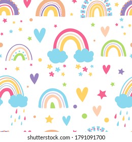 Cute rainbows, clouds, stars, hearts. Rain from hearts. Colorful rain drops. Seamless pattern.  Magic vector baby background. Digital paper. Digital Scrapbook Paper. Kids print.