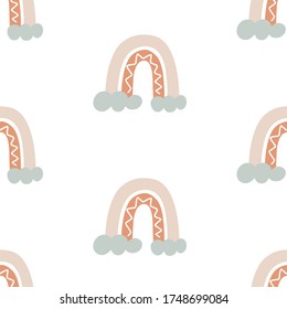 Frische Regenbogen handgezeichnet Doodles nahtloses Muster. Dekorativer Kinderhintergrund, Kinderbekleidung, Verpackungspapier, Tapete-Design. Vektorgrafik