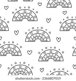 Los arcos y corazones mullidos de color blanco y negro son un patrón sin fisuras. Fondo mágico para niños en contorno. Excelente para tela, textil. Ilustración del vector