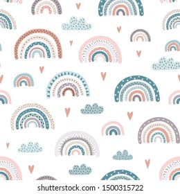 Cute rainbows and hearts seamless pattern. Adorable background. Vector illustration