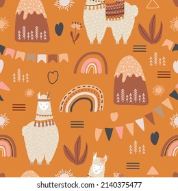 Cute rainbows, llamas, mountains, flowers, flags in seamless pattern in boho style. Vector design in simple children's hand-drawn Scandinavian style. Boho design for packaging, textiles, fabrics.