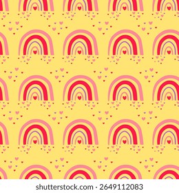 Cute rainbows seamless pattern with hearts on yellow background