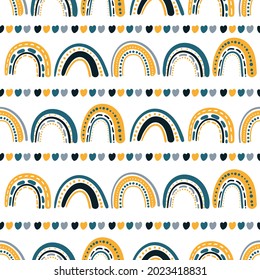 Cute rainbows seamless pattern. Vector hearts and rainbows in a simple childish hand-drawn Scandinavian style in modern colors. Design of children's clothing, gift wrapping, textiles, fabrics.