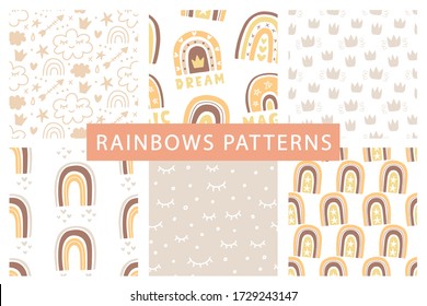 Cute rainbows seamless patterns set with hand drawn doodles. Decorative nursery background, kids apparel print, wrapping paper, wallpaper design. Vector illustration