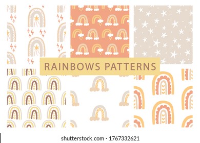 Frische Regenbogen sind nahtlose Muster, die mit handgezeichneten Doodles gesetzt werden. Dekorativer Kinderhintergrund, Kinderbekleidung, Verpackungspapier, Tapete-Design. Vektorgrafik
