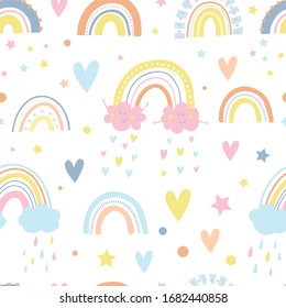 Cute rainbows, smiling clouds, stars, hearts. Rain from hearts. Seamless pattern.  Magic vector baby background. Digital paper. Digital Scrapbook Paper. Pastel colors. Kids print.