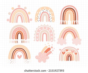 Cute rainbows for your design, childish hand drawn vector elements. Nursery theme, Vector illustration.