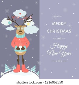 Cute raindeer cartoon male character in glasses, red warm clothing, decorated horns with colorful baubles and birds. Merry Christmas Happy New Year winter season greeting card template.