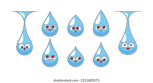 Cute Raindrop Character Showing Different Emotions. Cartoon Style. Vector Set