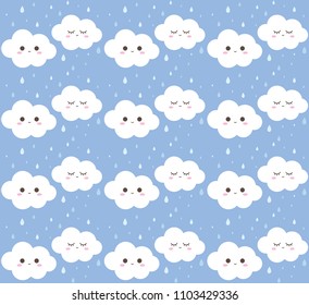 Cute Raindrop and clouds smile face seamless pattern in colorful and pastel color background vector.