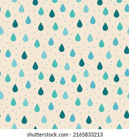 Cute raindrop seamless vector pattern. Aqua blue and teal tear drop shapes with polka dots. Playful water droplet print for children. Repeat surface texture design. 