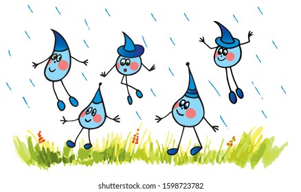 Cute raindrops are falling on the grass. Colored vector for card or gift.