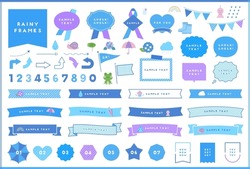 Cute Rainy Blue Illustration, Frame And Ribbon Design Set. This Collection Includes Speech Balloon, Doodles, Arrows,icons, Flowers, Hydrangea, Nature, Plants, Umbrellas And More.