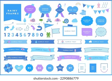 Cute rainy blue illustration, frame and ribbon design set. This collection includes speech balloon, doodles, arrows,icons, flowers, hydrangea, nature, plants, umbrellas and more.