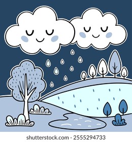 Cute Rainy Day Scene - Hand-Drawn EPS Illustration - Children's Book Vector Graphic - Blue Color Palette.