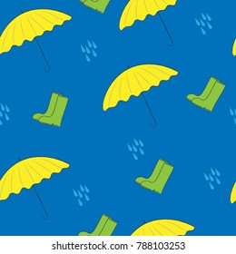 Cute rainy day seamless vector pattern with bright yellow umbrellas, green boots and raindrops on a blue background