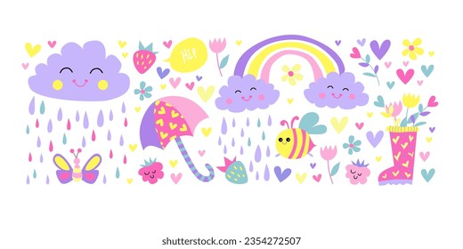 Cute rainy elements set. Childish flat vector illustration collection. Rainy clouds and rainbow isolated on white background.