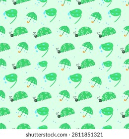 Cute Rainy Garden Seamless Pattern with Ladybug Leaf and Umbrella Background