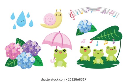 Cute rainy season clip art, hydrangeas flower and frog singing