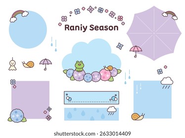 Cute rainy season elements with snails, frogs, flowers, and memo frames in pastel colors.