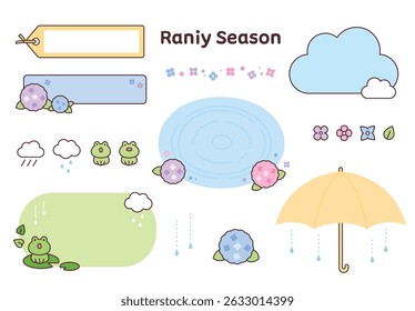 Ilustração da estação chuvosa bonita com sapos, flores, guarda-chuva, nuvens e quadros memorando.