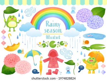 Cute rainy season watercolor vector illustration set