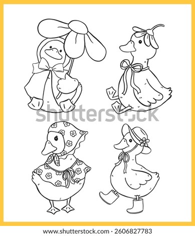 Cute Rainy Spring Cottagecore Call Duck outline Cartoon Outline Farm Animal Collection Hand Drawn 
