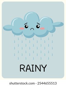 Cute Rainy weather learning card. Emotions Children's educational cards. Cartoon vector illustration.