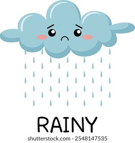 Cute rainy weather learning. Learning weather, forecast vocabulary for children with cute weather Emotions. Cartoon vector illustration.