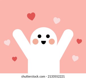Cute raising hands cartoon character with colorful red hearts. Suitable for greeting card, banner and poster. Flat vector design illustrations isolated on pink background.