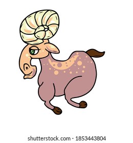 Cute RAM with big horns, vector children's illustration on white isolated background. For banners, postcards and stickers,