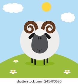 Cute Ram Black Head Sheep With Flower On A Hill.Modern Flat Design Vector Illustration 