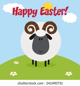 Cute Ram Black Head Sheep With Flower On A Hill.Modern Flat Design Vector Illustration With Tex