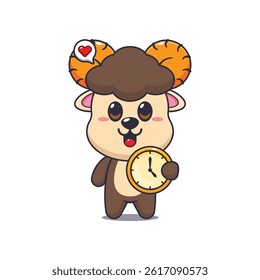 Cute ram cartoon vector illustration with clock