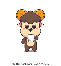 Cute ram cartoon vector illustration is tired and sleepy holding coffee