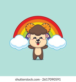 Cute ram cartoon vector illustration with rainbow