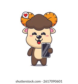 Cute ram cartoon vector illustration with mobile phone