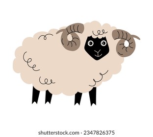 Cute Ram with Horns and Wooly Coat as Farm Animal Vector Illustration