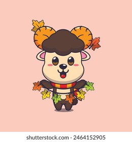 Cute ram sheep with autumn leaf decoration. Mascot cartoon vector illustration suitable for poster, brochure, web, mascot, sticker, logo and icon.