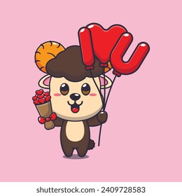 Cute ram sheep cartoon character holding love balloon and love flowers. 
