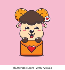 Cute ram sheep cartoon character with love message. 