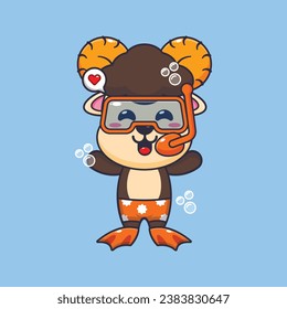 Cute ram sheep diving cartoon mascot character illustration. Cute summer cartoon illustration. 