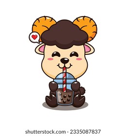 cute ram sheep drink bubble milk tea cartoon vector illustration.