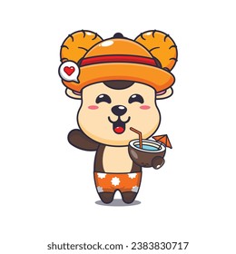 Cute ram sheep drink coconut cartoon illustration. Cute summer cartoon illustration. 