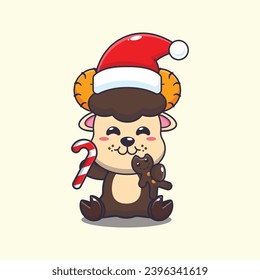 Cute ram sheep eating christmas cookies and candy. Cute christmas cartoon character illustration. 