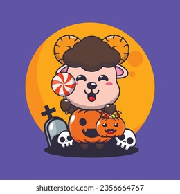 Cute ram sheep with halloween pumpkin costume. Cute halloween cartoon illustration. 