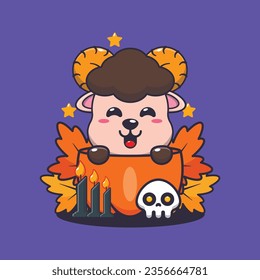 Cute ram sheep in halloween pumpkin. Cute halloween cartoon illustration. 