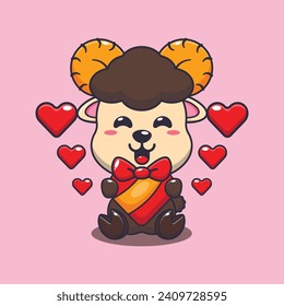 Cute ram sheep happy with love gift in valentine's day. 