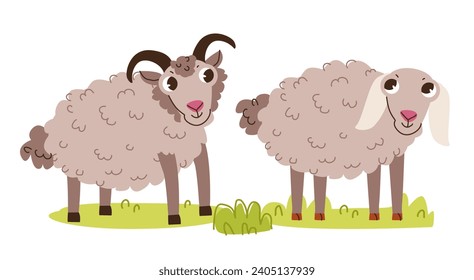 Cute ram and sheep. Cute kids vector illustration of farm animals.